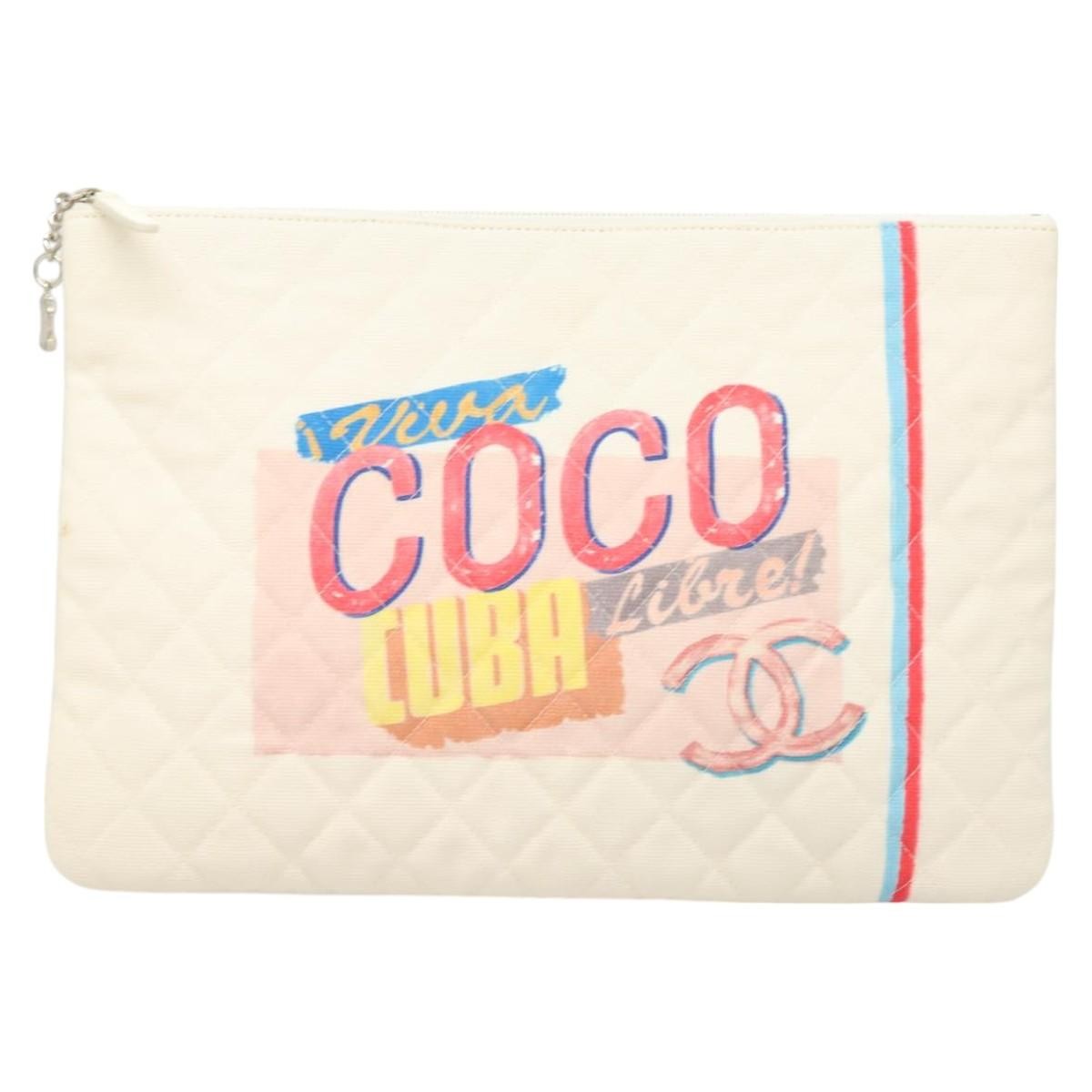 Chanel Coco Cuba Printed Quilted Canvas White Canvas Bag (Pre-Owned)