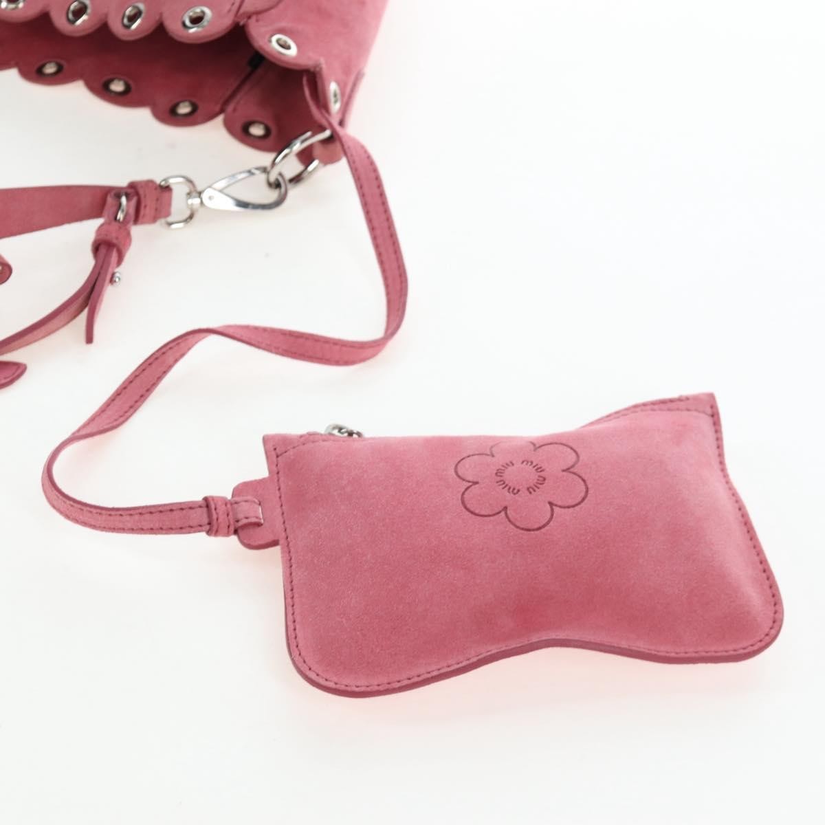 Miu Miu Convertible Bucket Leather With Applique Pink Suede Handbag (Pre-Owned)