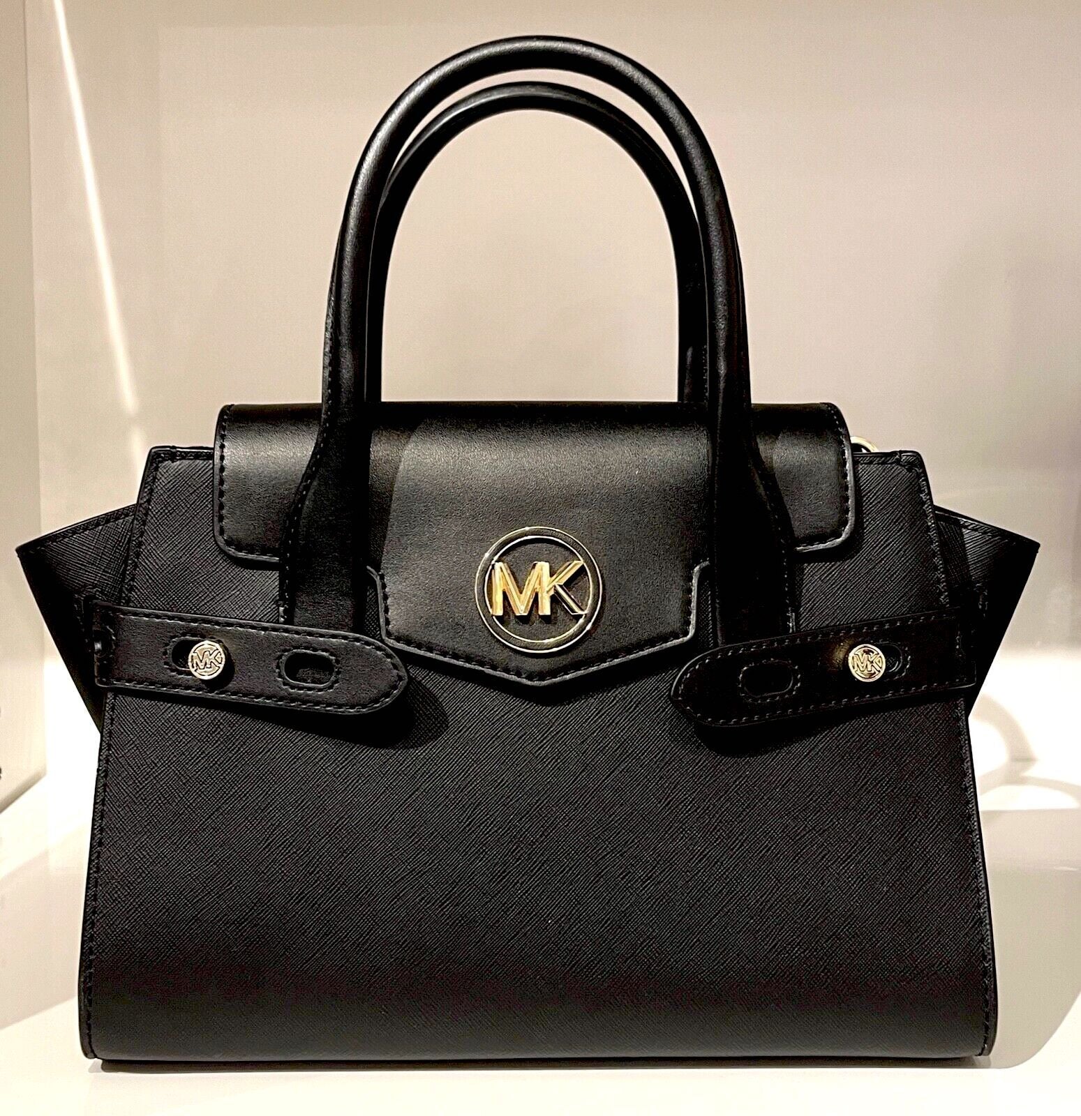 MICHAEL KORS CARMEN BLACK WHITE LEATHER Medium FLAP SATCHEL SHOULDER BAG