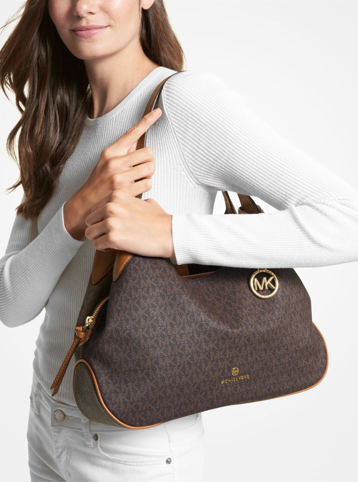Michael Kors Kelsey Pebbled Leather MK Signature Large Shoulder Bag Purse
