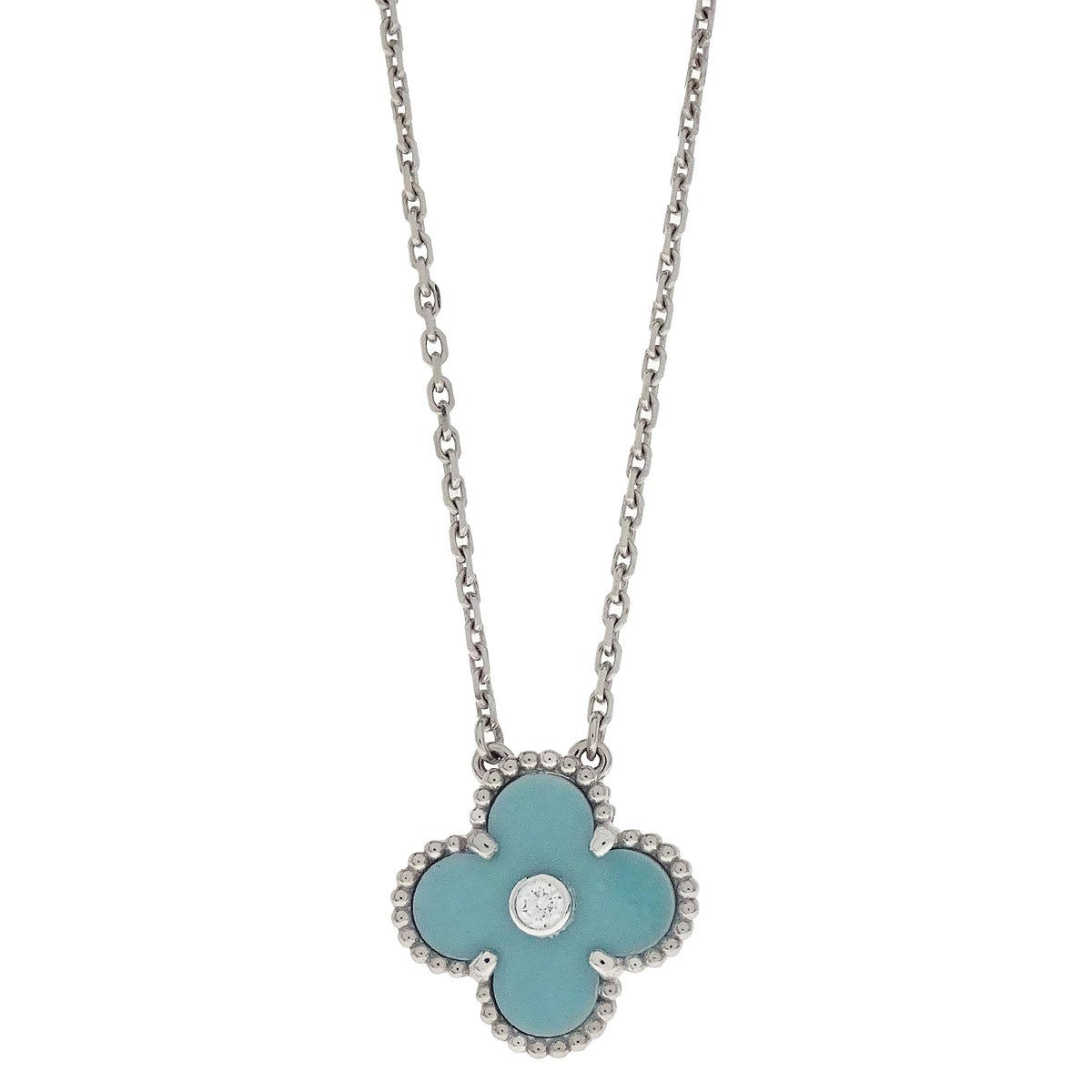 Van Cleef & Arpels Vintage Alhambra Pendant 18K White Gold And Green Celadon Sevres Porcelain With Diamond Silver White_Gold Necklace Jewelry (Pre-Owned)