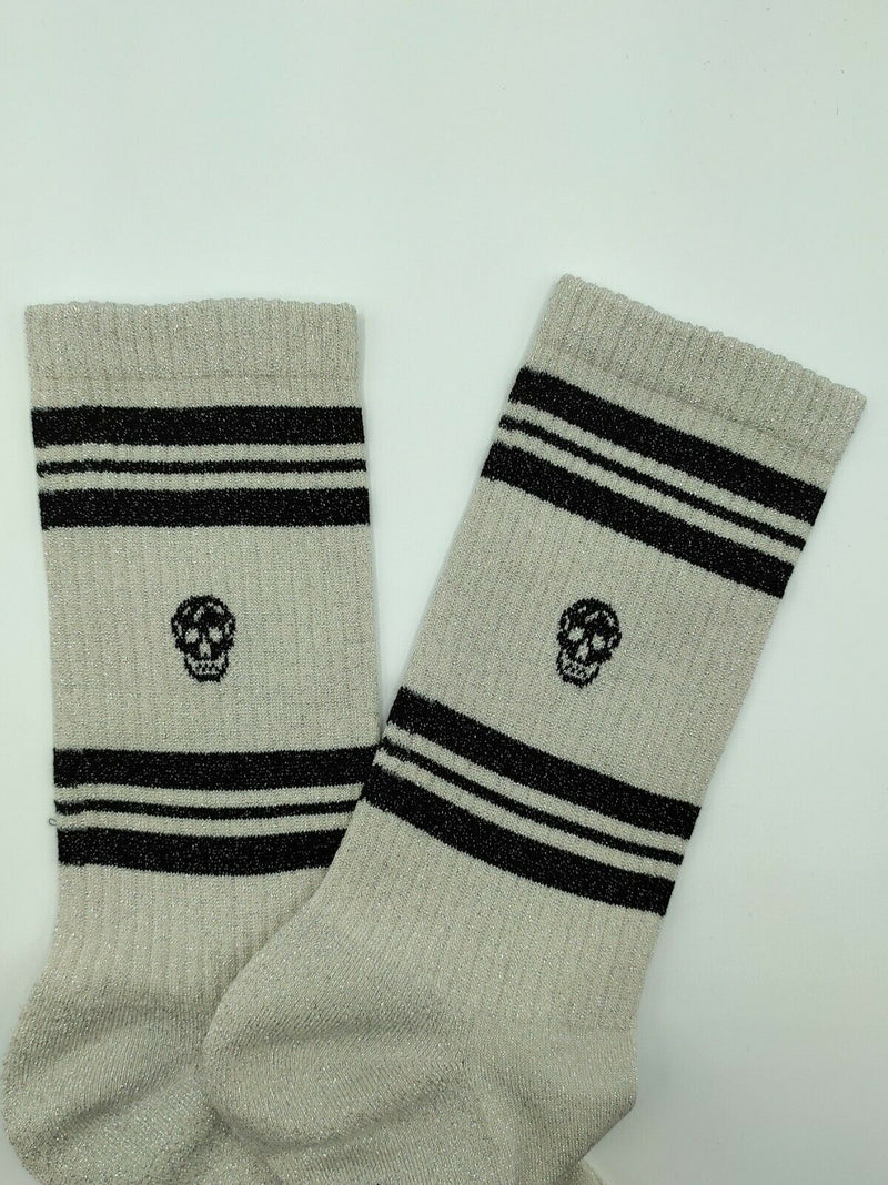 Alexander McQueen Women's Ivory Metallic Mid-Calf Skull Sport Socks L