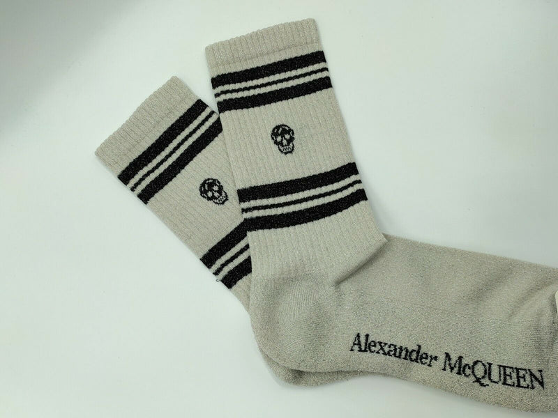 Alexander McQueen Women's Ivory Metallic Mid-Calf Skull Sport Socks L