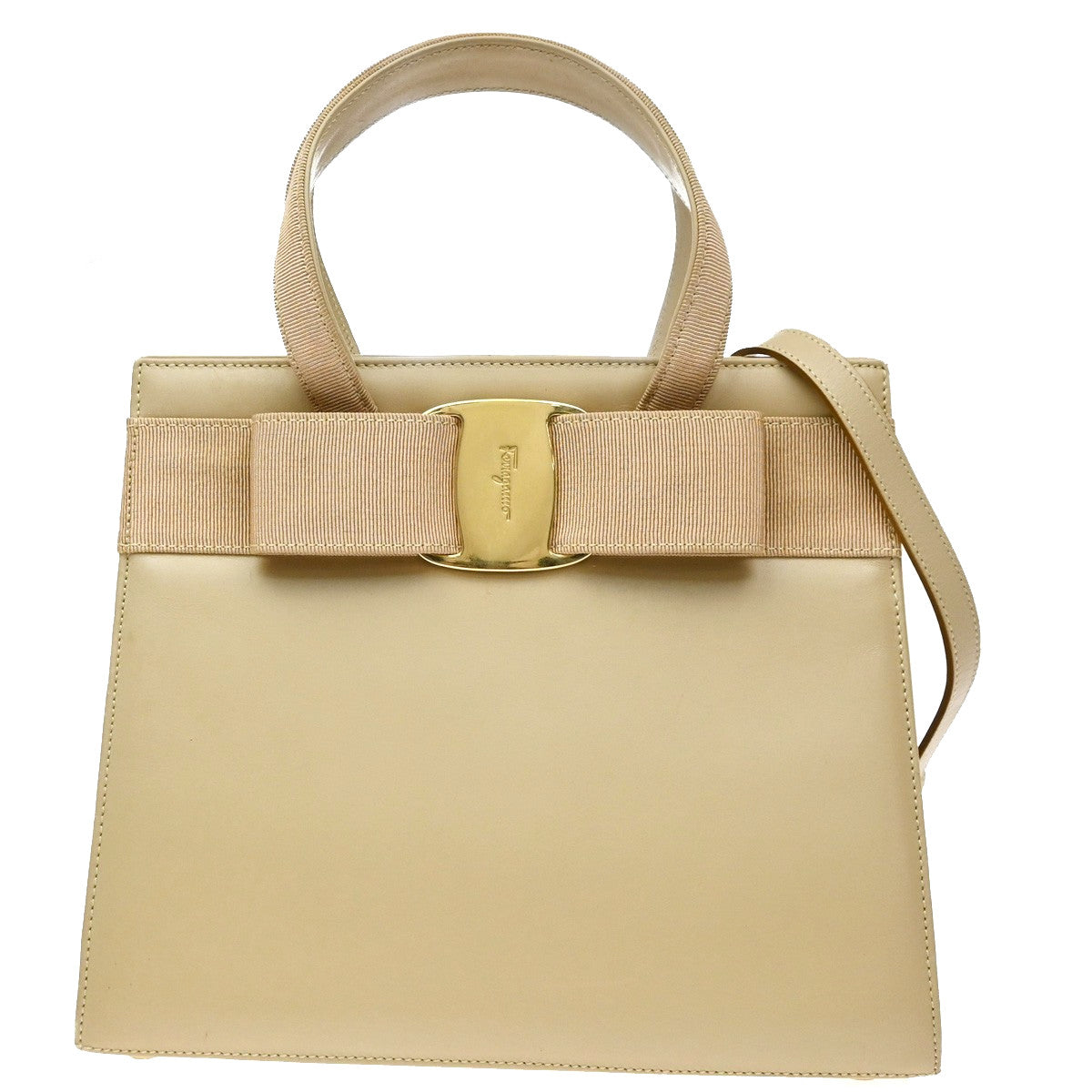 Salvatore Ferragamo Convertible Vara Bow Tote Leather Beige Leather Handbag (Pre-Owned)