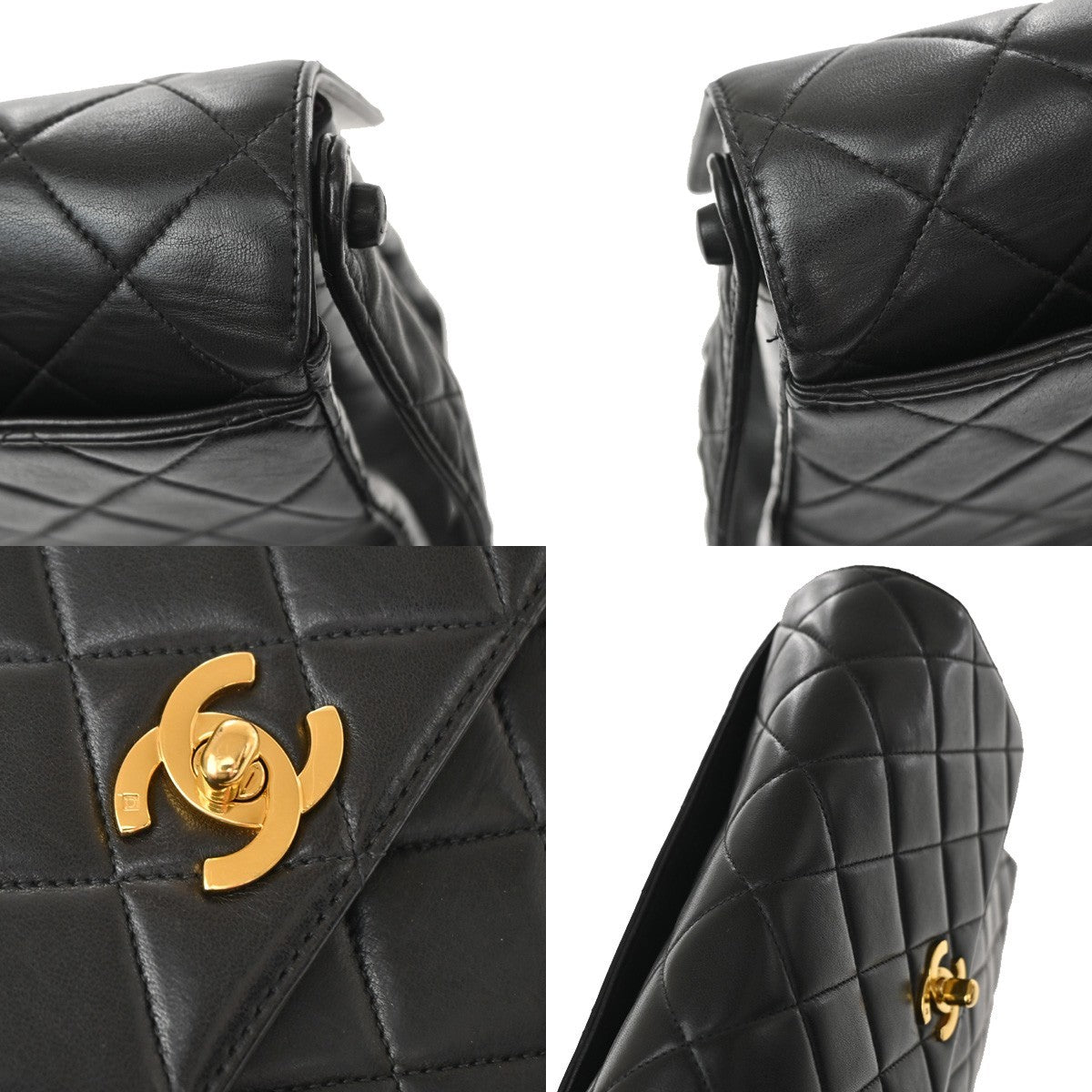 Chanel Vintage Cc Square Flap Quilted Lambskin Black Leather Shoulder Bag Bag (Pre-Owned)