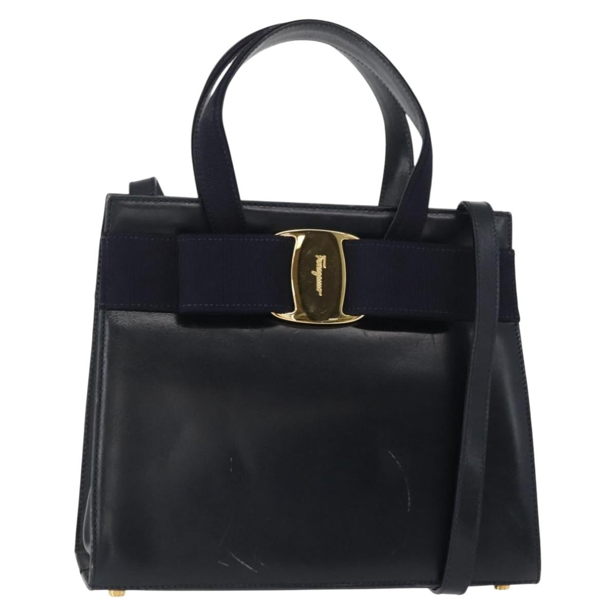 Salvatore Ferragamo Convertible Vara Bow Leather Navy Leather Handbag (Pre-Owned)