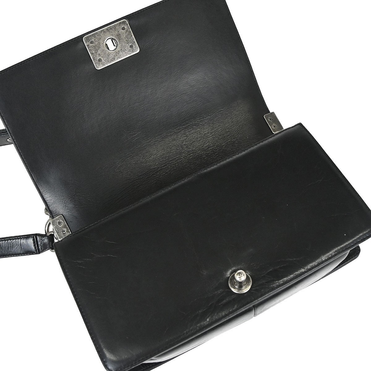 Chanel Boy Flap Quilted Glazed Calfskin Black Leather Handbag (Pre-Owned)
