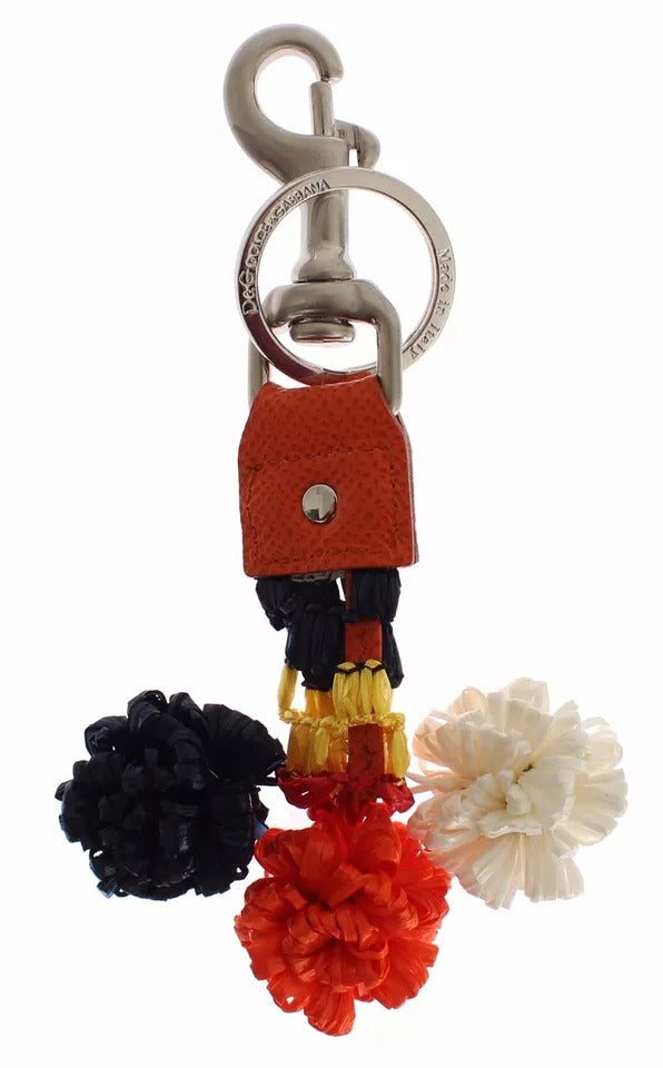 Dolce & Gabbana Silver Brown Raffia Leather Clasp Finder Chain Women's Keyring