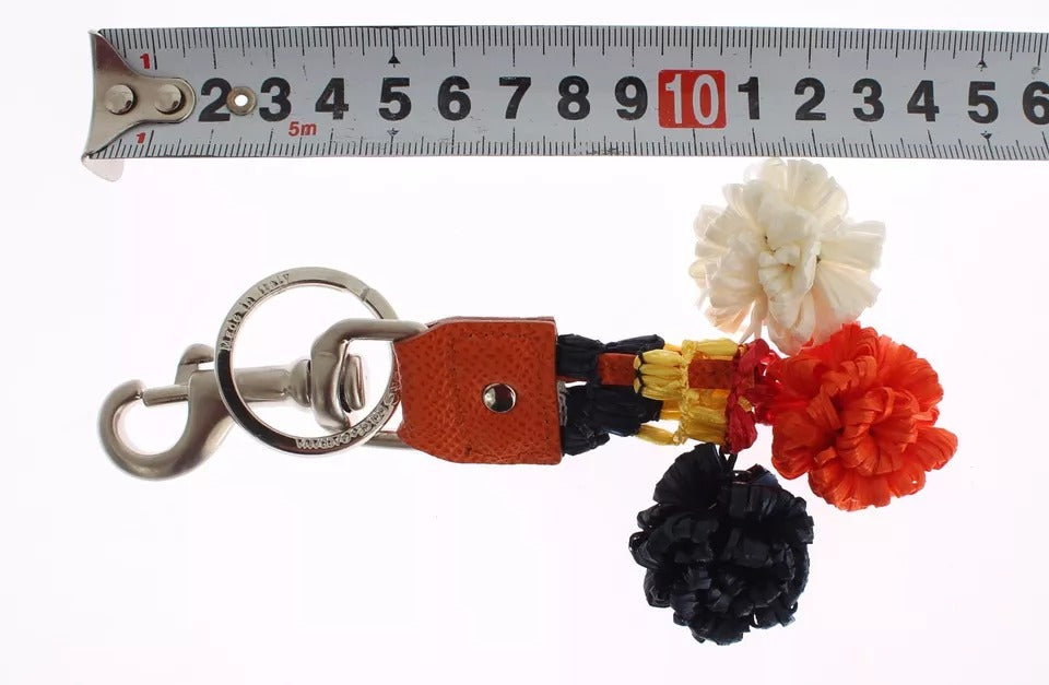 Dolce & Gabbana Silver Brown Raffia Leather Clasp Finder Chain Women's Keyring