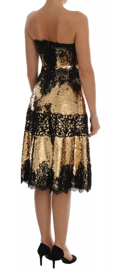 Dolce & Gabbana Gold Strapless Sequin Embellished Lace Women's Dress (Pre-Owned)