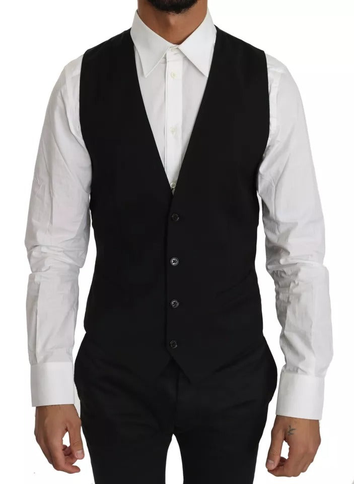 Dolce & Gabbana Black Wool Logo Waistcoat Men's Vest