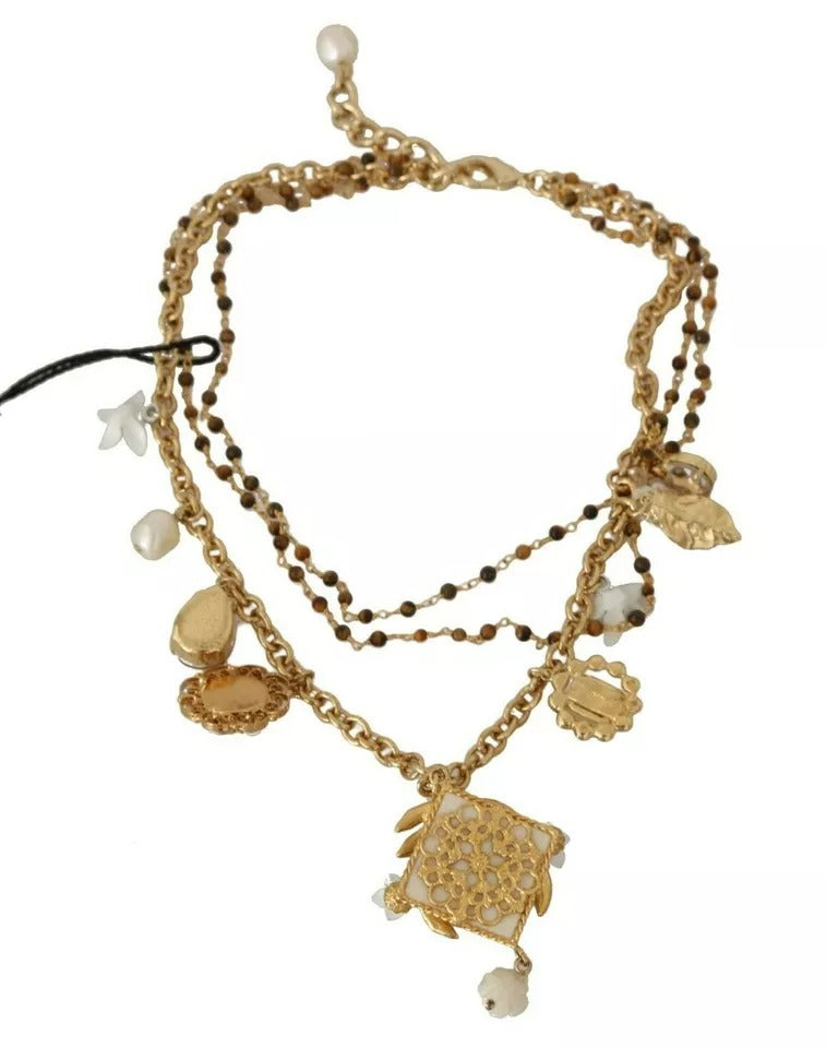 Dolce & Gabbana Gold Brass Crystal Floral Statement Charms Women's Necklace