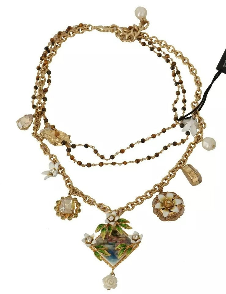 Dolce & Gabbana Gold Brass Crystal Floral Statement Charms Women's Necklace