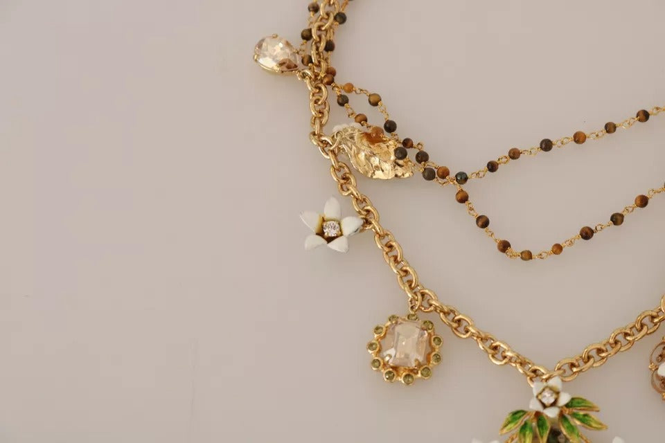 Dolce & Gabbana Gold Brass Crystal Floral Statement Charms Women's Necklace