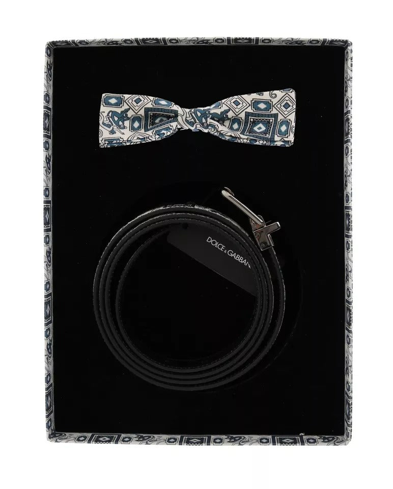 Dolce & Gabbana White Blue Silk Bowtie Leather Belt Gift Box Men's Set