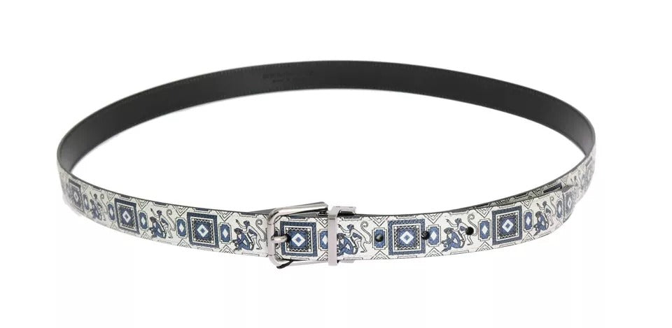 Dolce & Gabbana White Blue Silk Bowtie Leather Belt Gift Box Men's Set