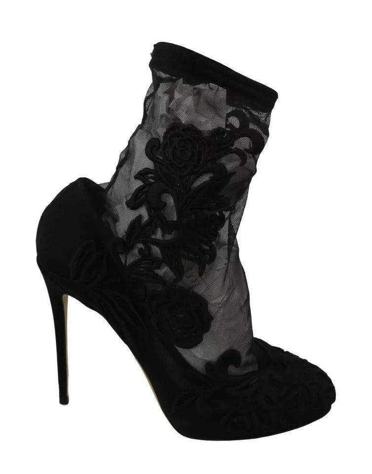 Dolce & Gabbana Black Tulle Stretch Floral Booties Women's Shoes (Pre-Owned)
