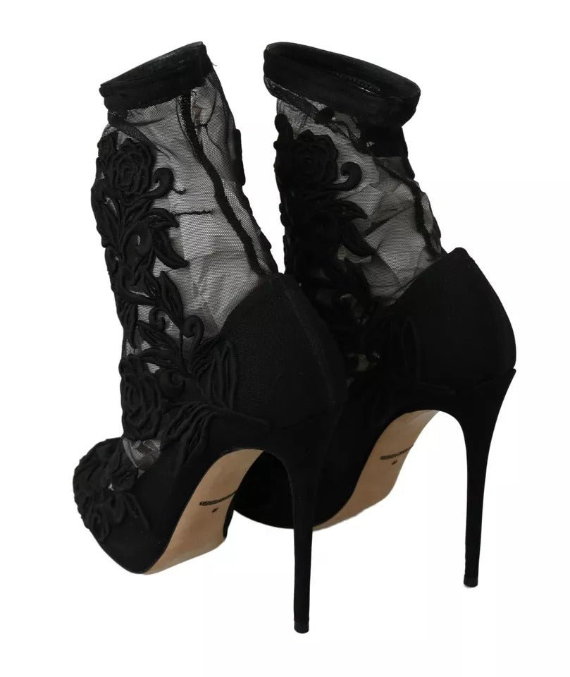 Dolce & Gabbana Black Tulle Stretch Floral Booties Women's Shoes (Pre-Owned)