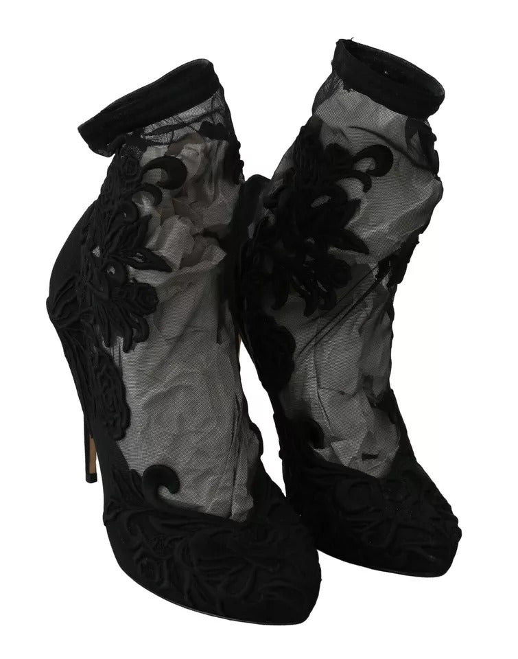 Dolce & Gabbana Black Tulle Stretch Floral Booties Women's Shoes (Pre-Owned)