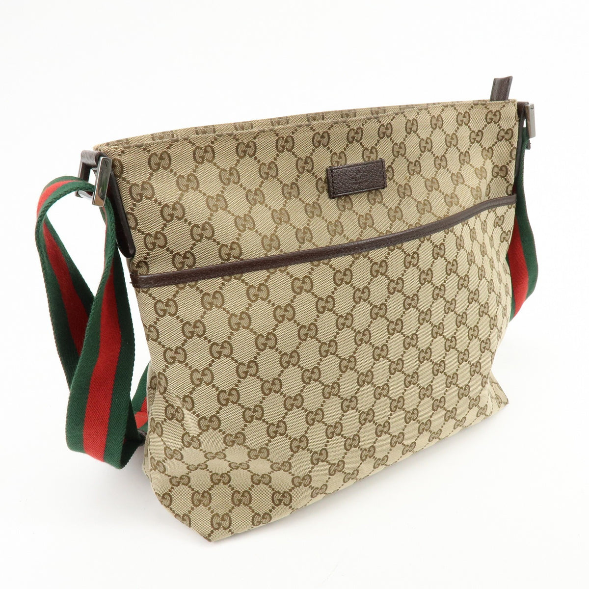 Gucci Web Strap Zip Messenger Gg Canvas Beige Canvas Handbag (Pre-Owned)