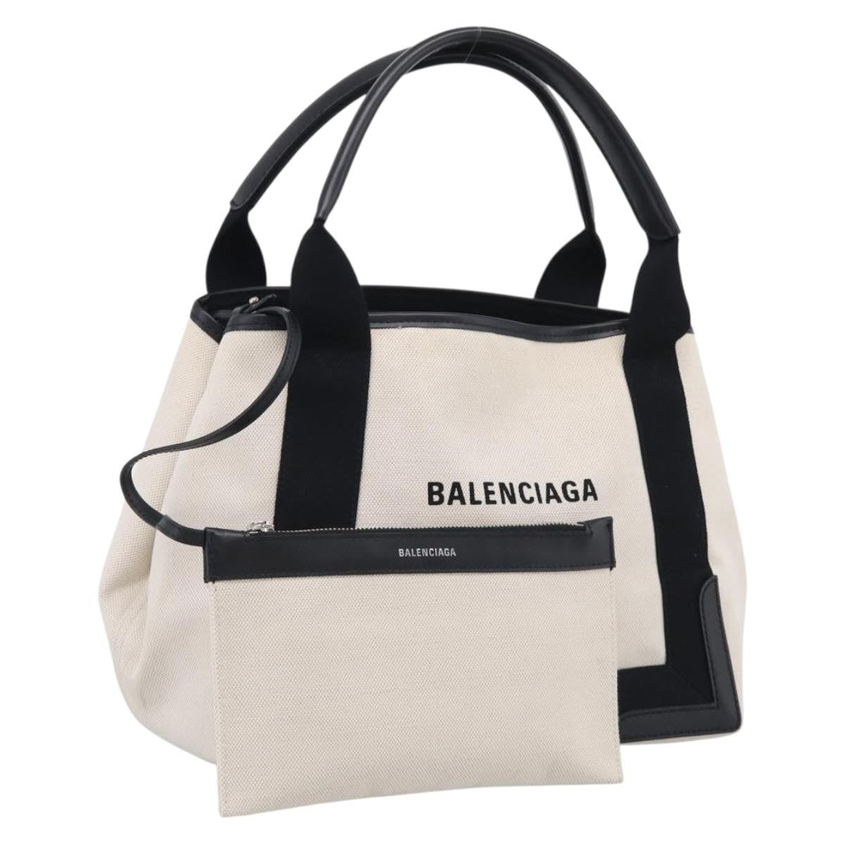 Balenciaga Navy Cabas Canvas With Leather White Canvas Tote Bag Bag (Pre-Owned)