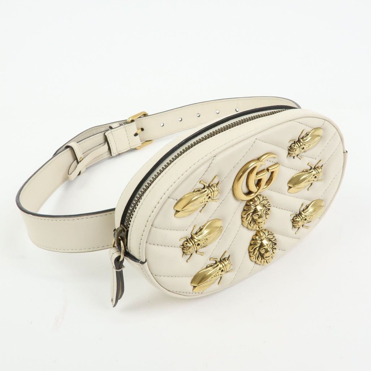 Gucci Gg Marmont Belt Embellished Matelasse Leather Beige Leather Handbag (Pre-Owned)
