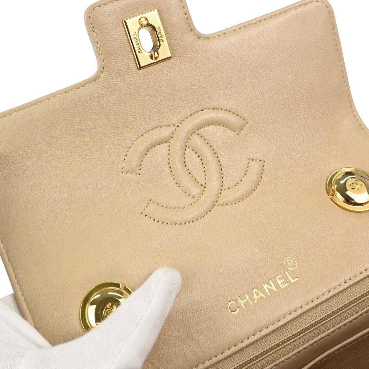 Chanel Cc Top Handle Flap Quilted Lambskin Beige Leather Handbag (Pre-Owned)