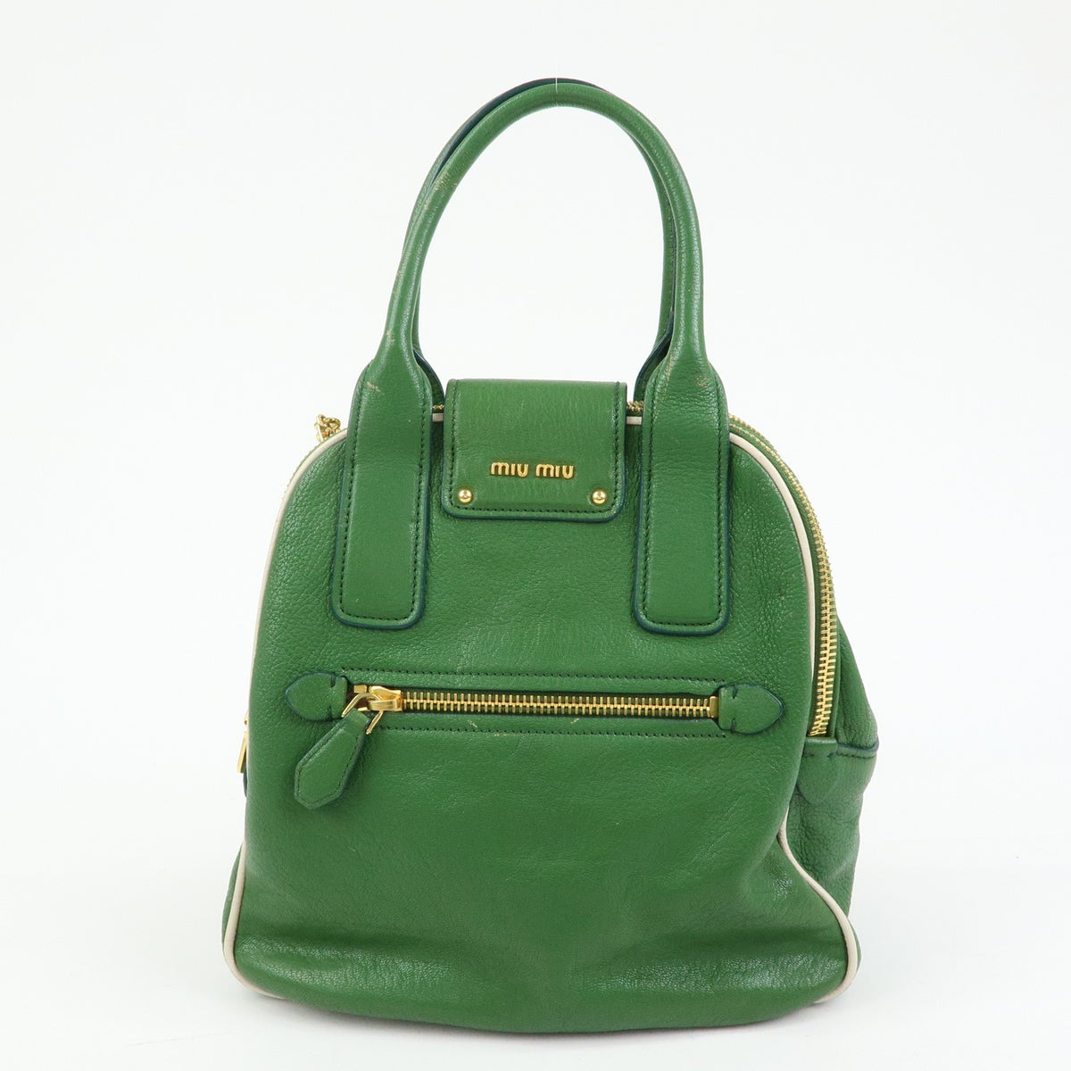 Miu Miu Madras Top Handle Leather Green Leather Handbag (Pre-Owned)