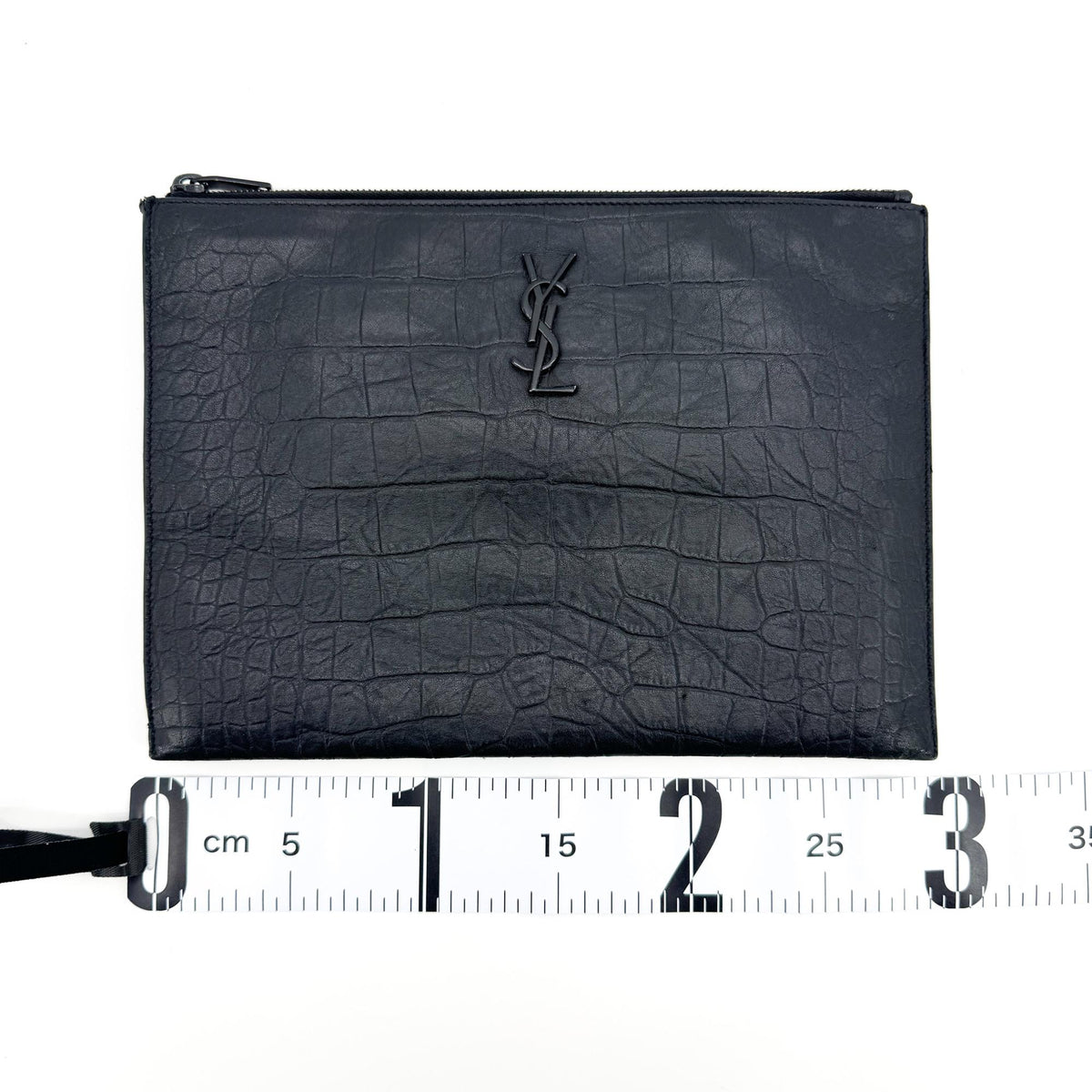 Saint Laurent Classic Monogram Zip Crocodile Embossed Leather Black Leather Clutche & Pouche Bag (Pre-Owned)