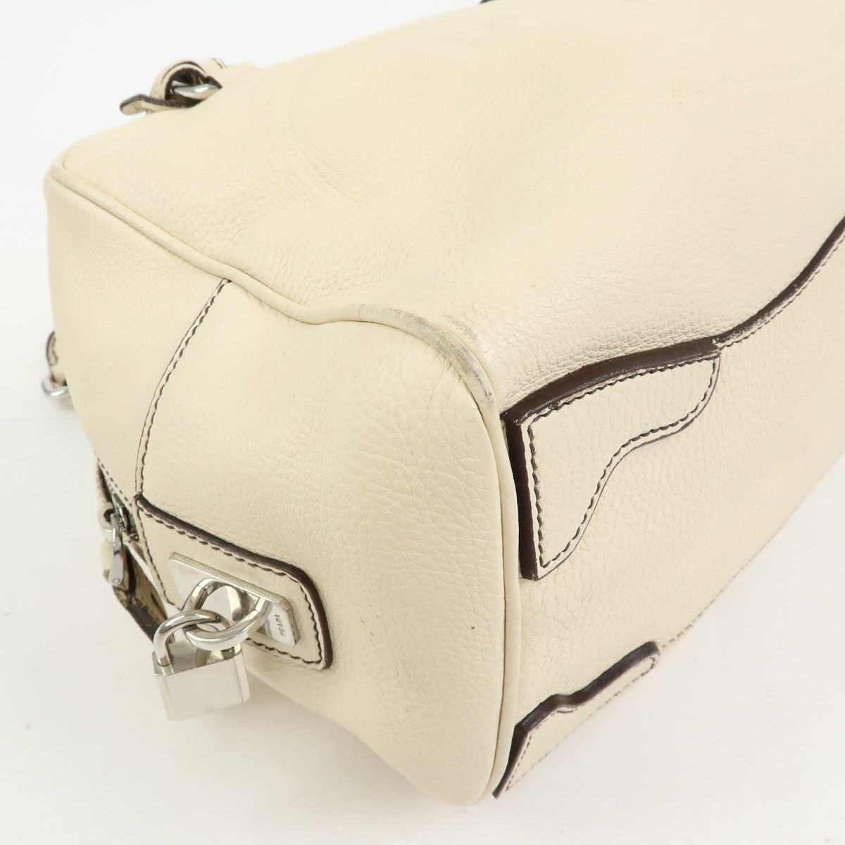 Prada Embossed Logo Bauletto Vitello Daino Beige Leather Handbag (Pre-Owned)
