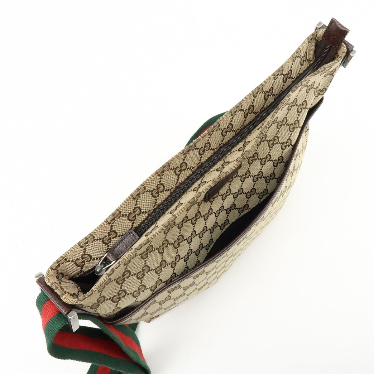 Gucci Web Strap Zip Messenger Gg Canvas Beige Canvas Handbag (Pre-Owned)