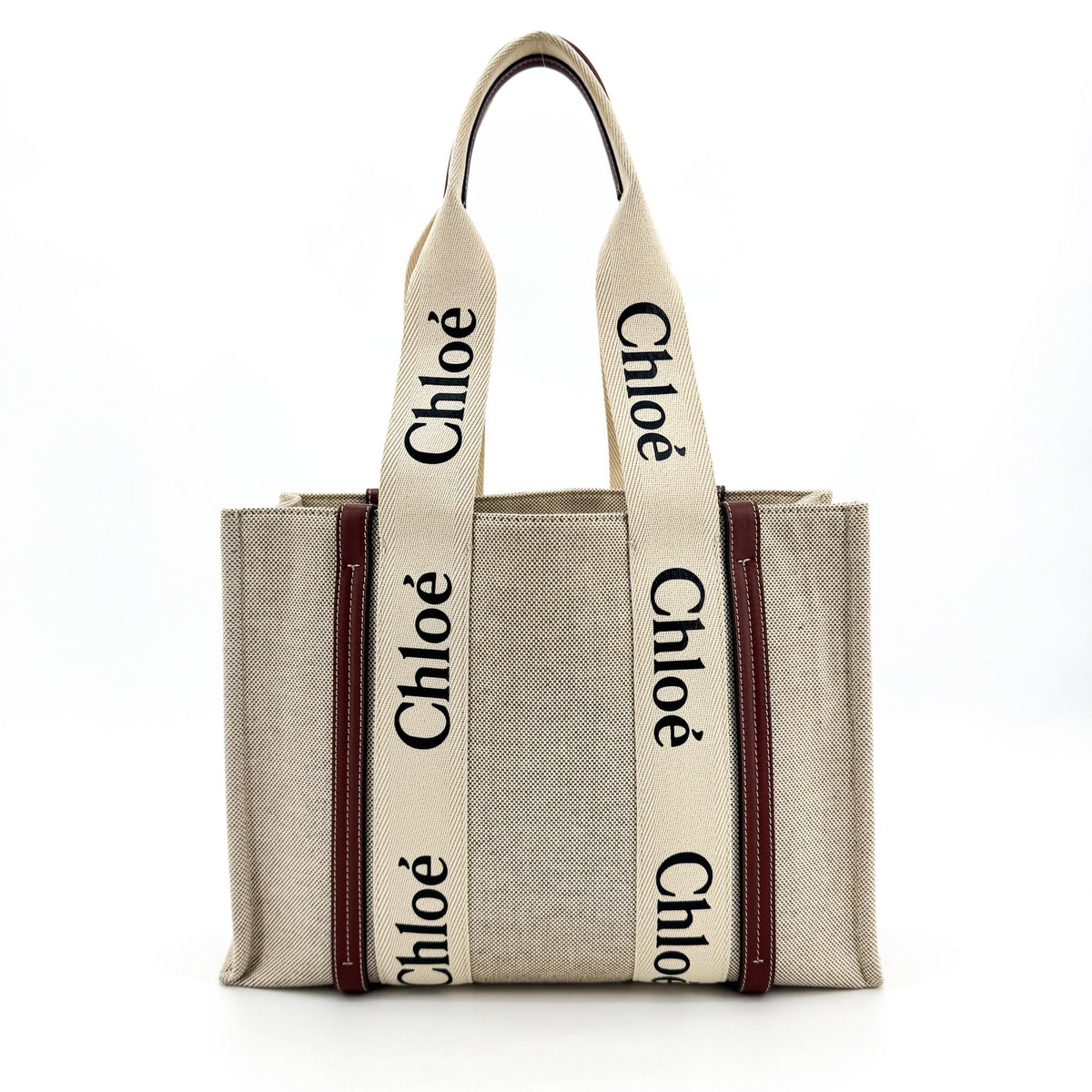 Chloe Woody Tote Canvas With Leather Beige Canvas Handbag (Pre-Owned)