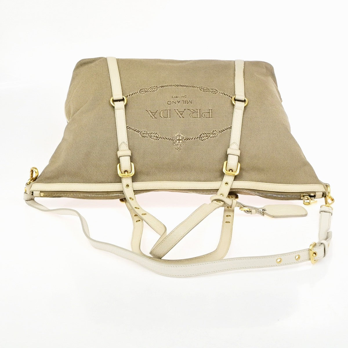Prada Logo Convertible Canvas With Leather Brown Canvas Tote Bag Bag (Pre-Owned)