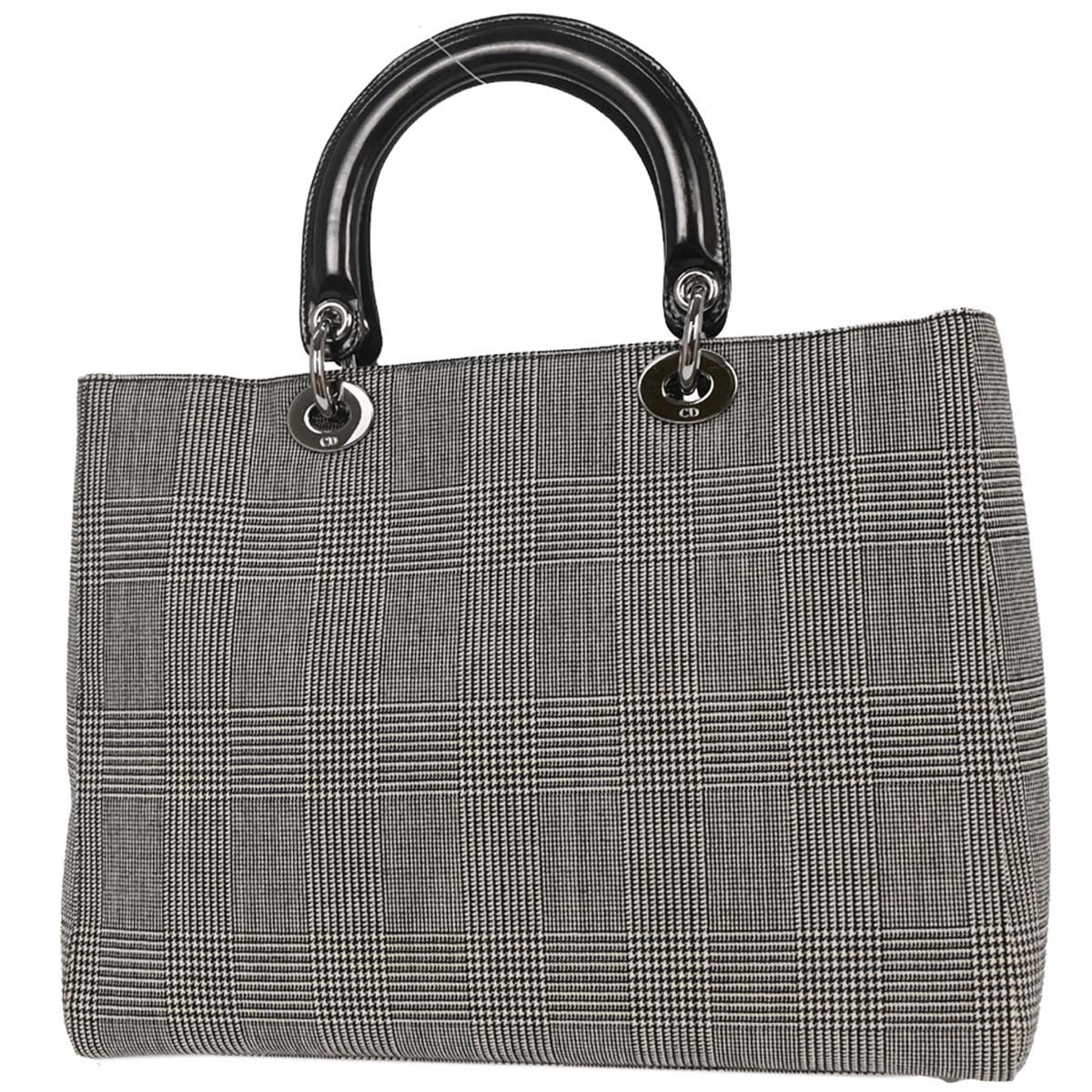 Christian Dior Vintage Lady Dior Houndstooth Canvas Black Canvas Handbag (Pre-Owned)