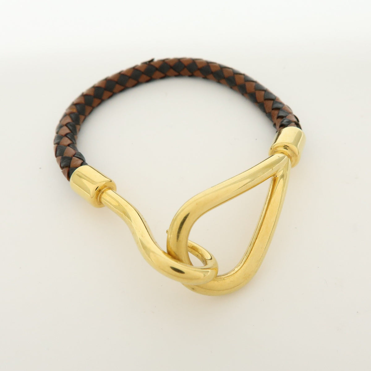 Hermes Jumbo Hook Braided Leather And Metal Brown Leather Bracelet Jewelry (Pre-Owned)