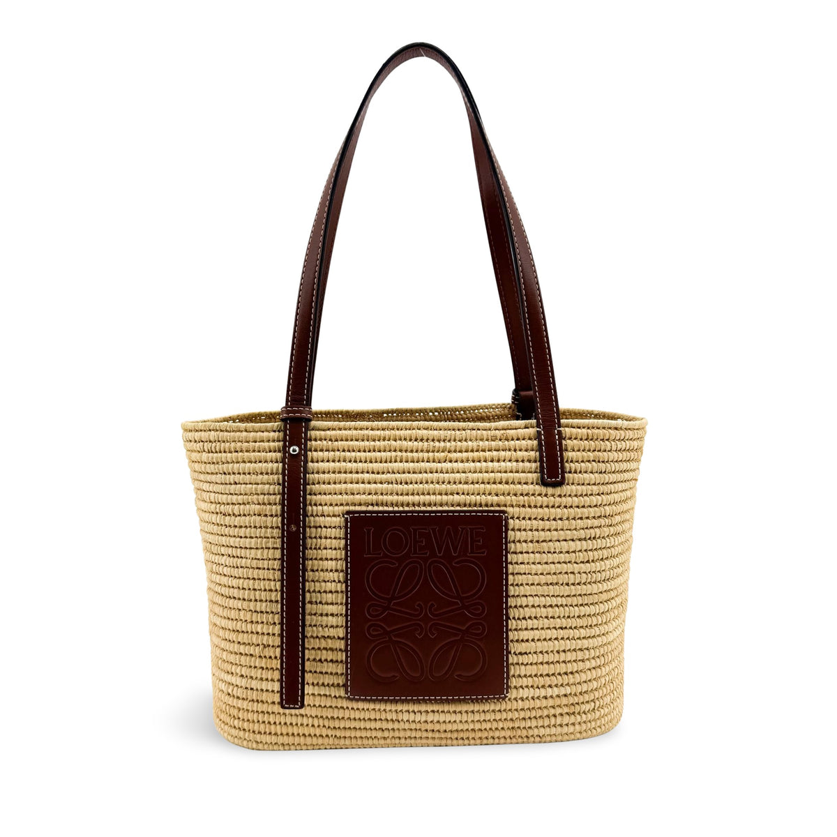 Loewe Square Basket Woven Raffia And Leather Brown Wicker Tote Bag Bag (Pre-Owned)