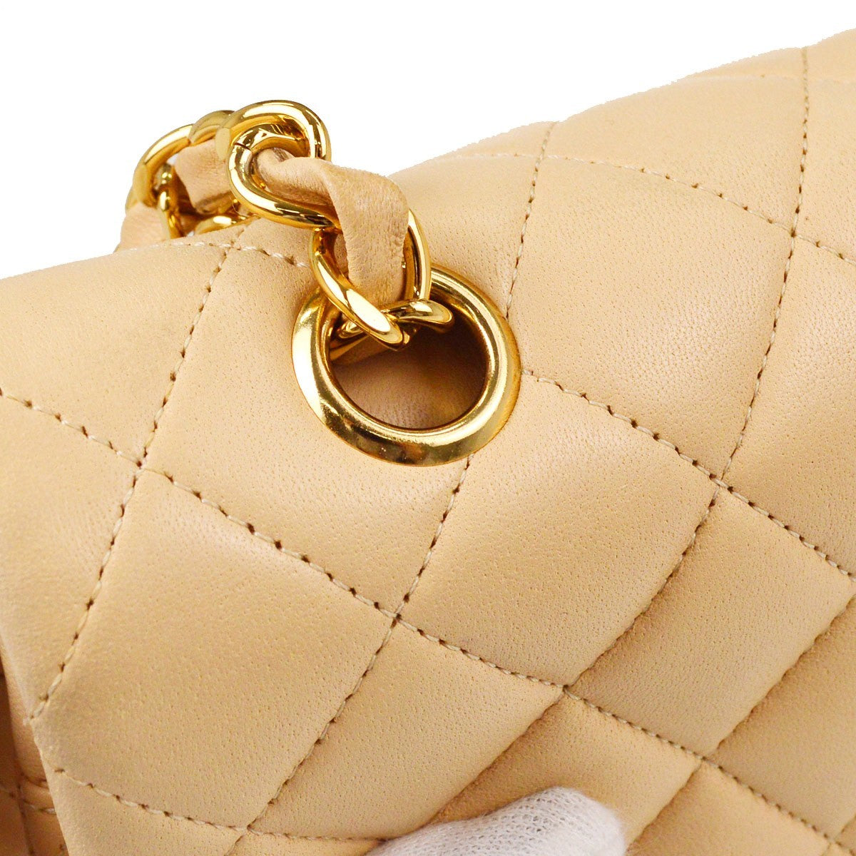 Chanel Vintage Classic Double Flap Quilted Lambskin Beige Leather Handbag (Pre-Owned)