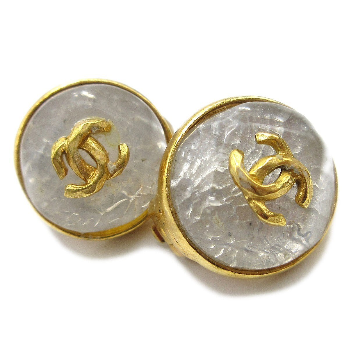 Chanel Vintage Cc Round Button Clip-On Metal Gold Gold_Plated Earrings Jewelry (Pre-Owned)