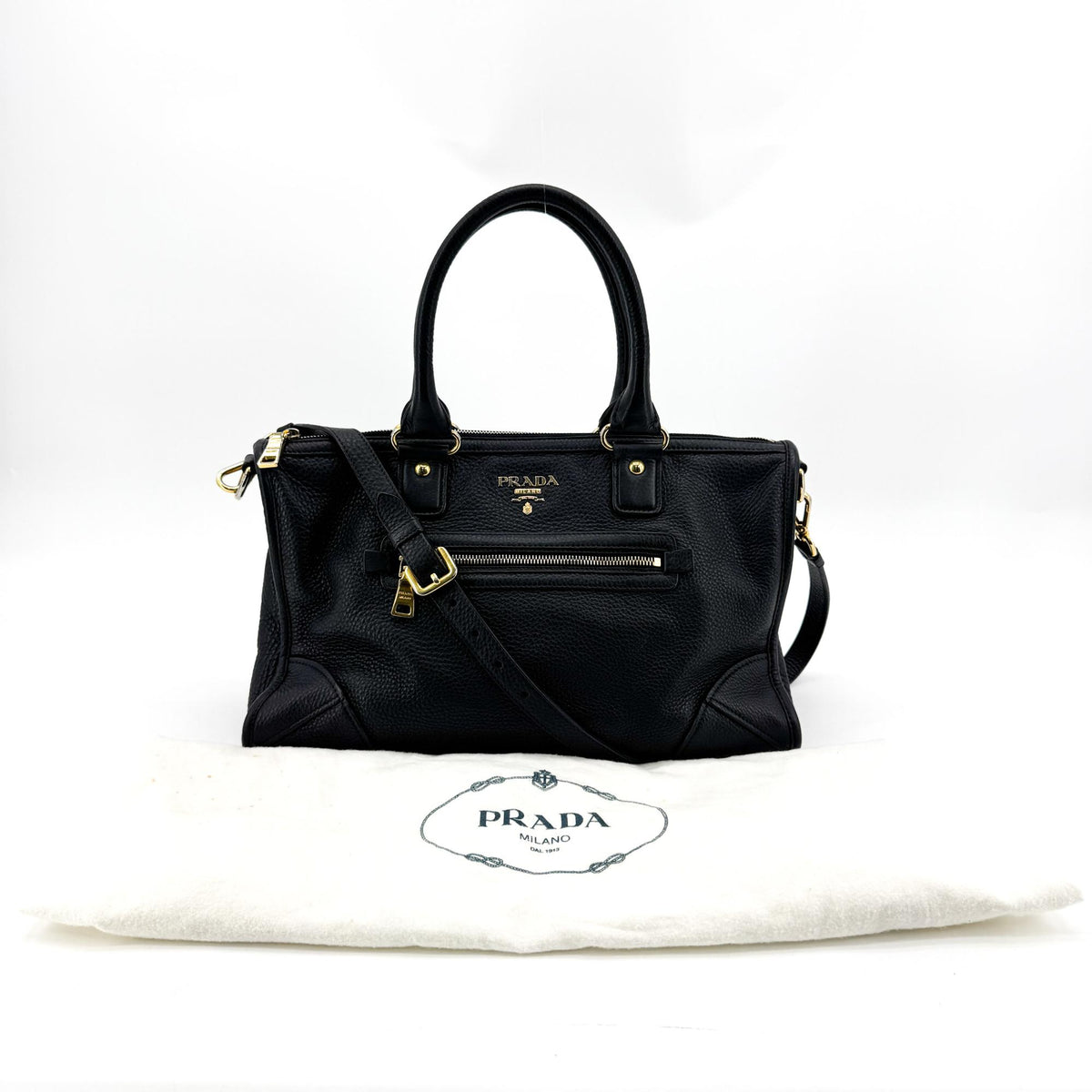 Prada Front Zip Convertible Satchel Vitello Phenix Black Leather Handbag (Pre-Owned)