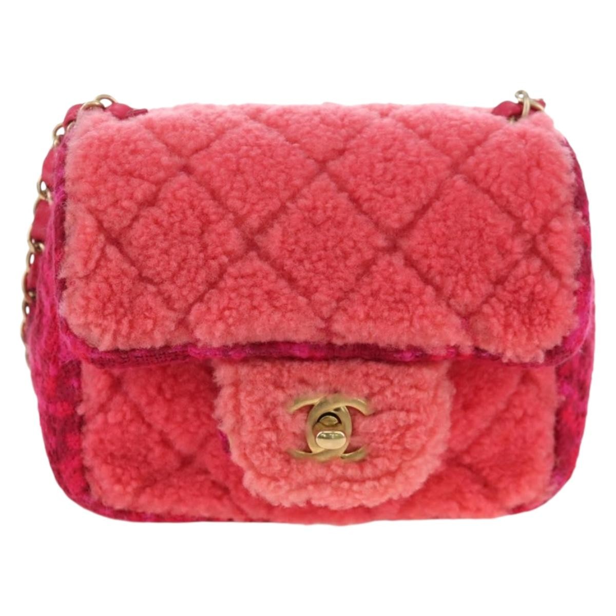 Chanel Vintage Square Classic Single Flap Quilted Shearling And Tweed Pink Canvas Handbag (Pre-Owned)