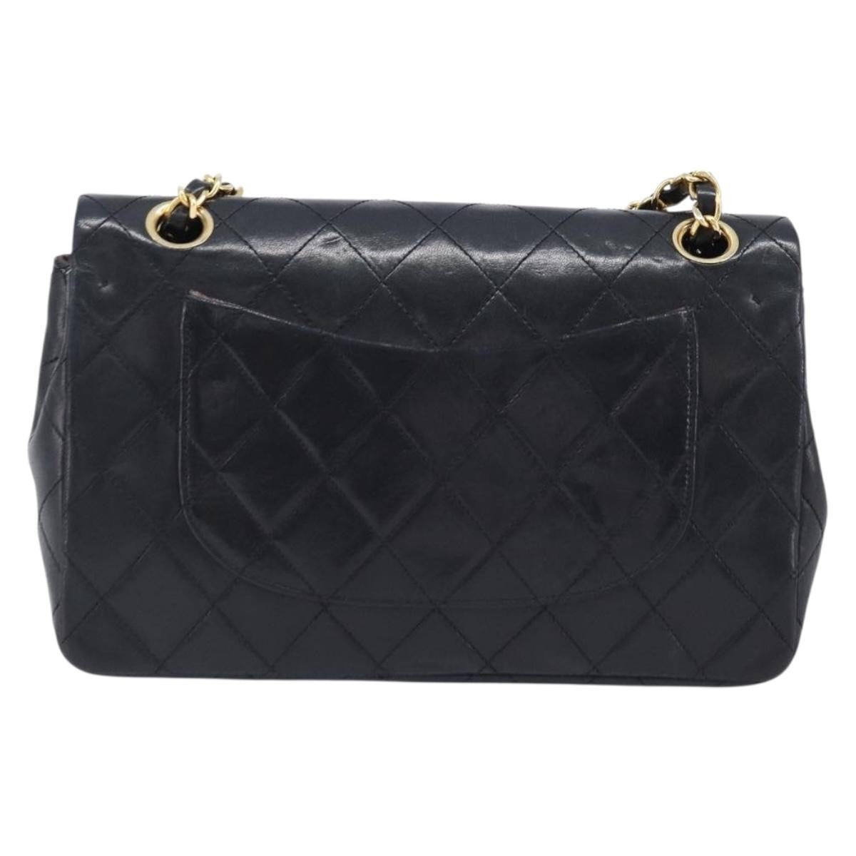 Chanel Vintage Classic Double Flap Quilted Lambskin Black Leather Shoulder Bag Bag (Pre-Owned)