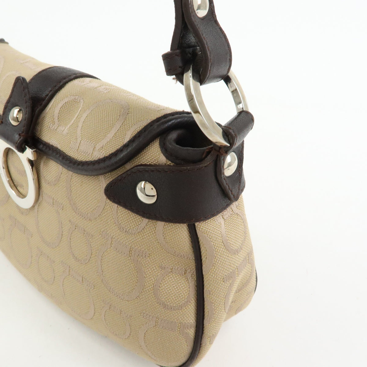 Salvatore Ferragamo Gancini Handle Leather Beige Canvas Tote Bag Bag (Pre-Owned)