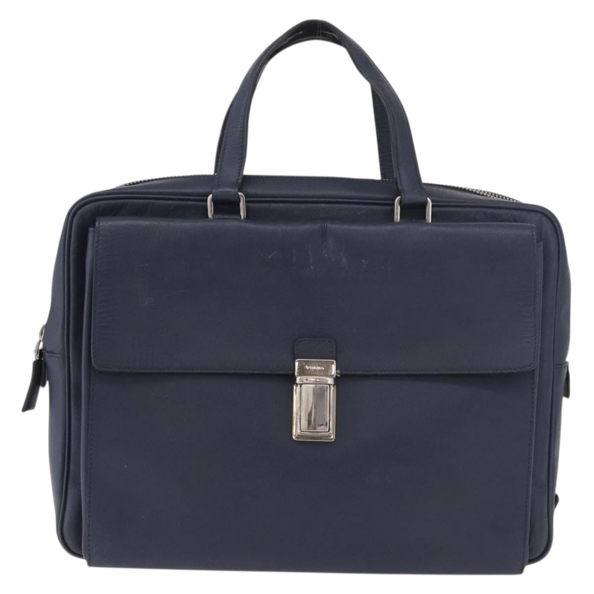 Prada Briefcase Leather Blue Leather Briefcase Bag (Pre-Owned)
