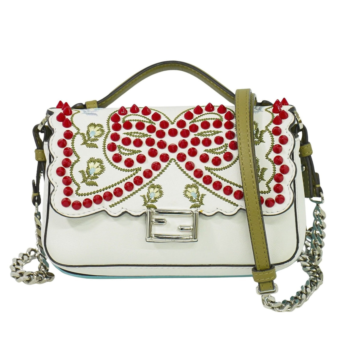 Fendi Double Baguette Embroidered Studded Leather White Leather Shoulder Bag Bag (Pre-Owned)