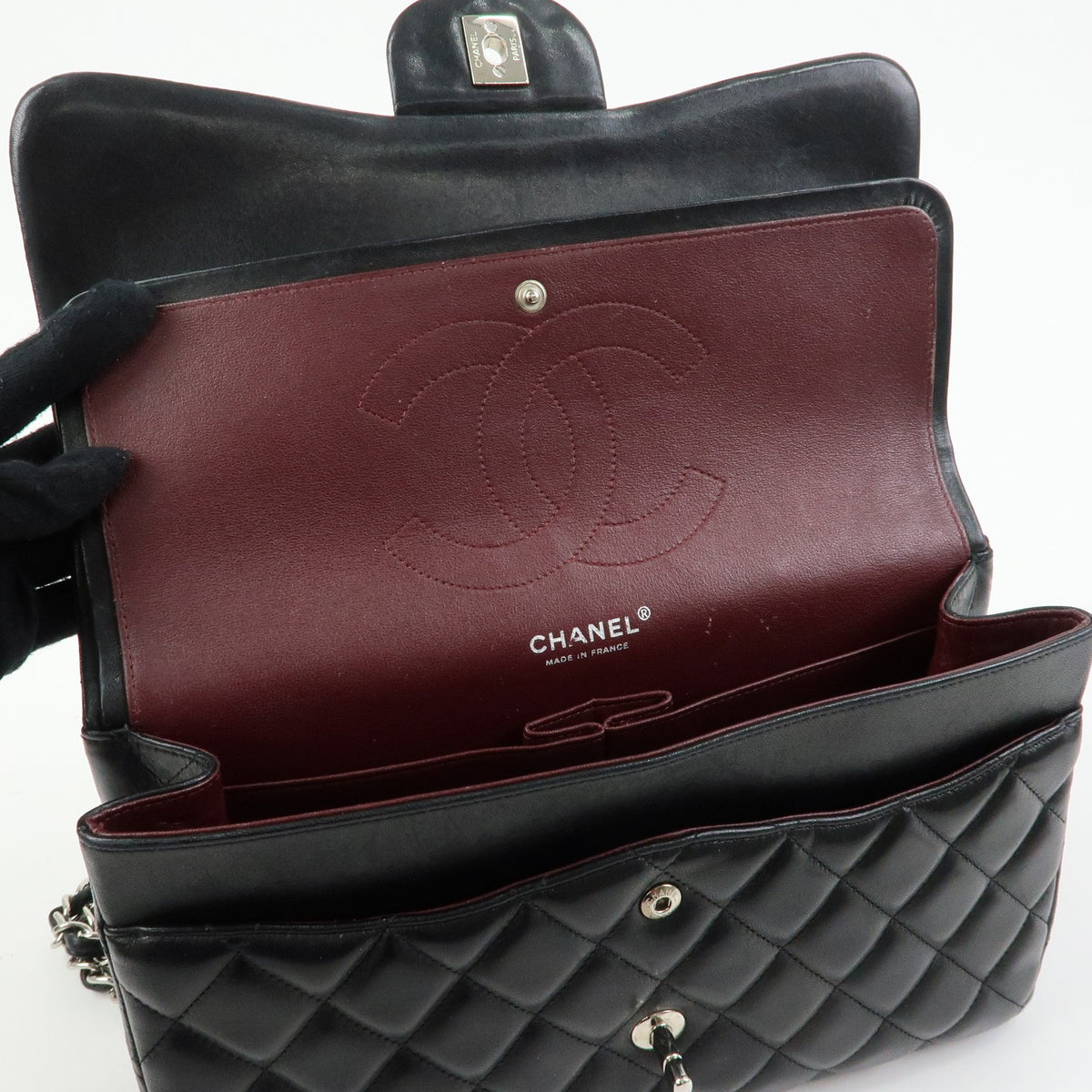 Chanel Classic Timeless Double Flap Quilted Lambskin Black Leather Handbag (Pre-Owned)