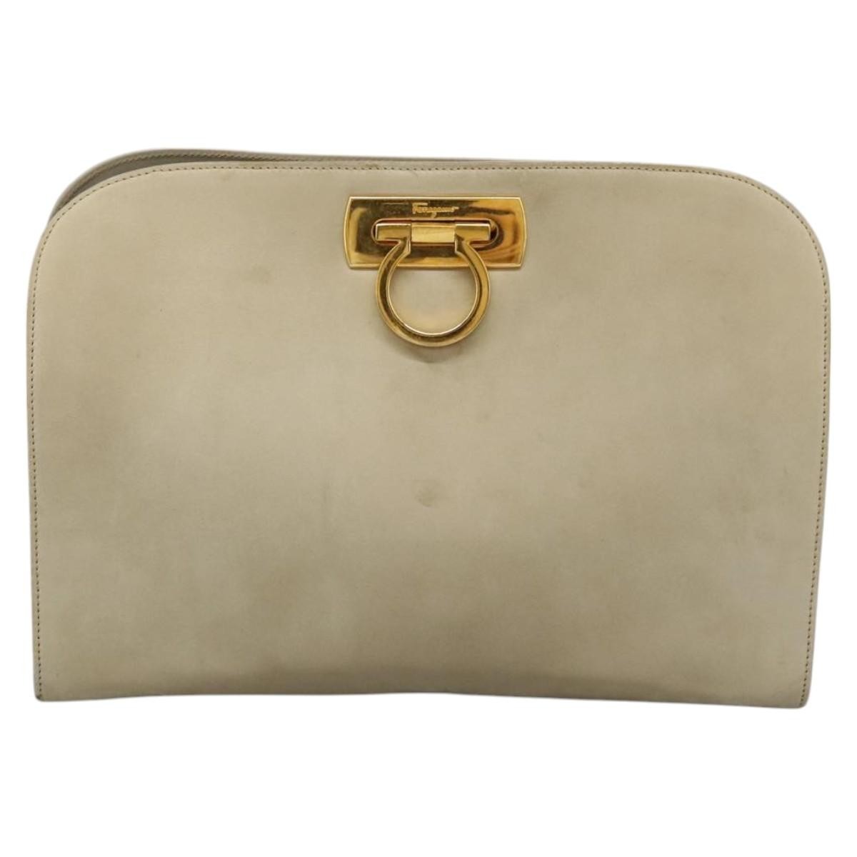 Salvatore Ferragamo Chain Gancini Jacquard With Studded Leather Beige Suede Shoulder Bag Bag (Pre-Owned)