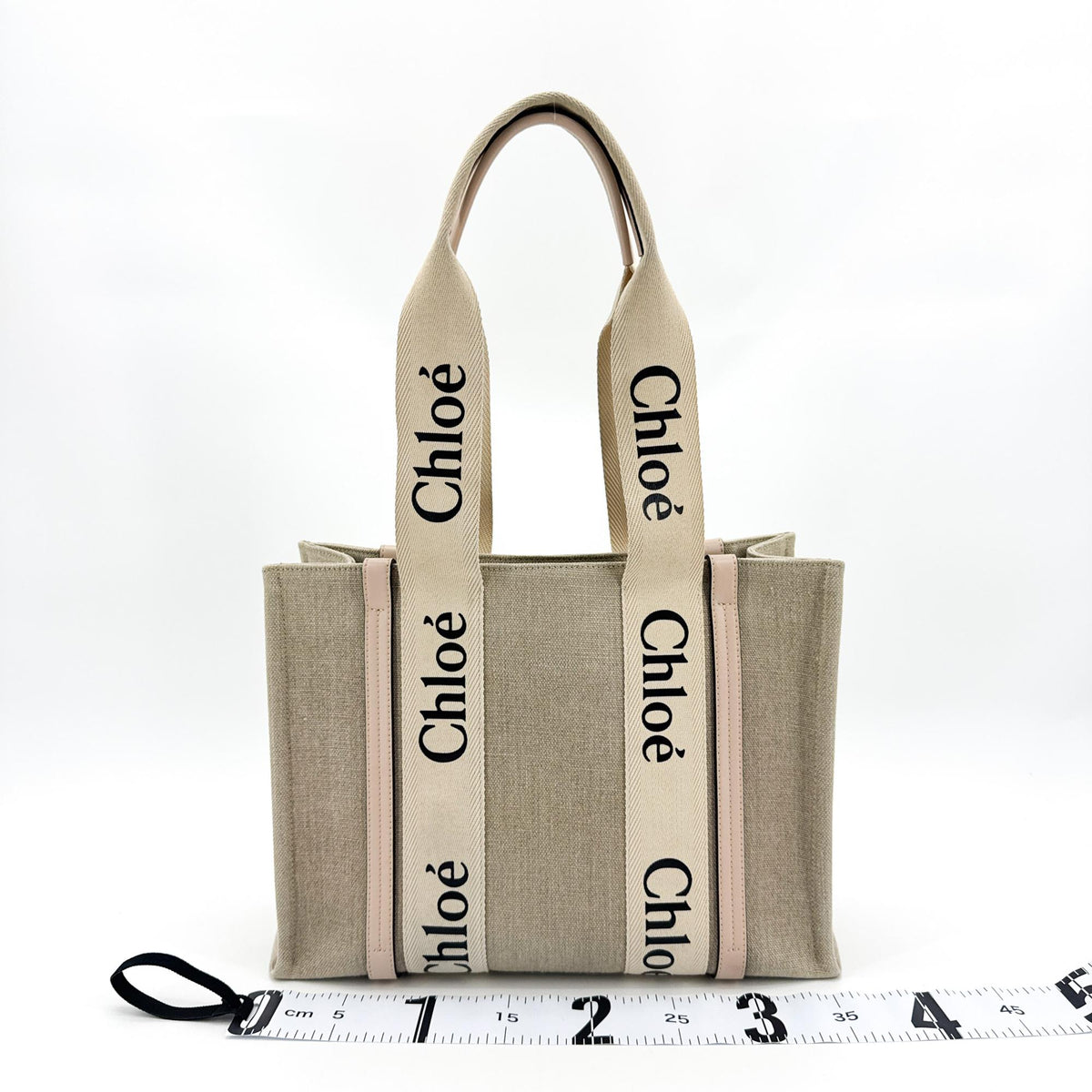 Chloe Woody Canvas With Leather Beige Canvas Tote Bag Bag (Pre-Owned)