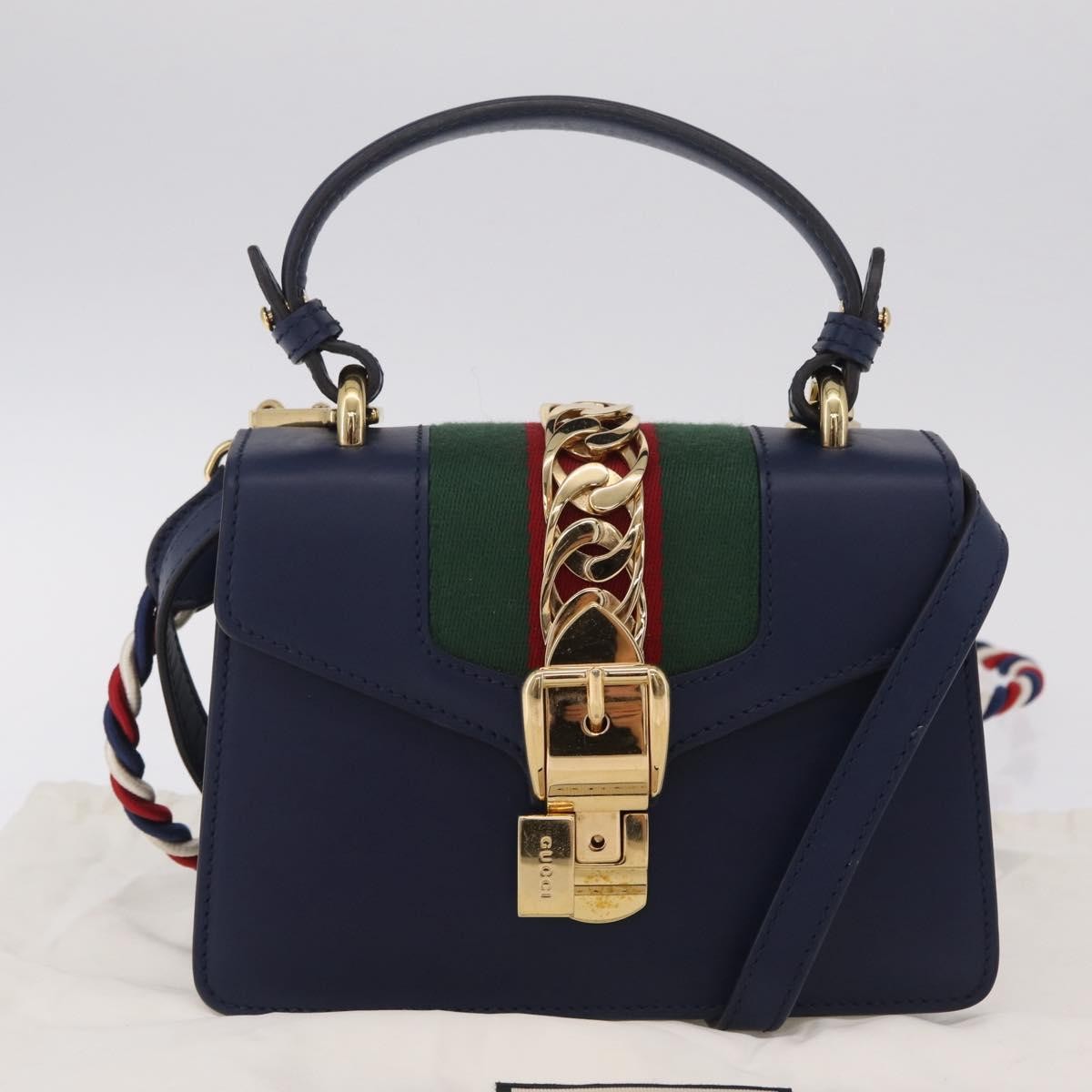 Gucci Sylvie Top Handle Leather Navy Leather Handbag (Pre-Owned)