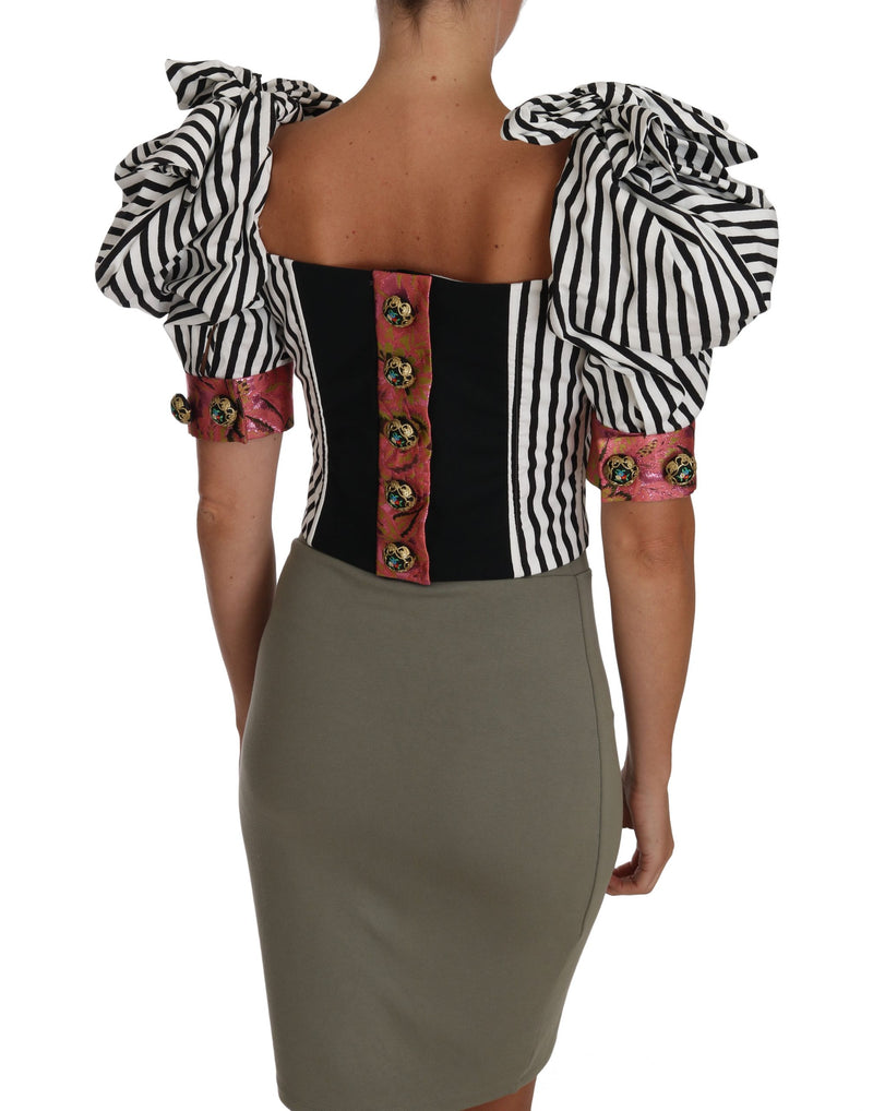 Dolce & Gabbana White Black Striped Cropped Top Puff Sleeve Women's Shirts