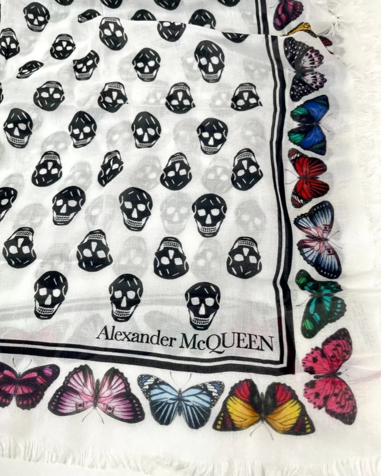 Alexander McQueen White Modal Skull Butterfly Large Scarf Shawl